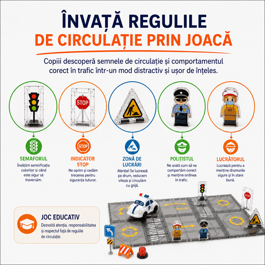 Set de Constructie MagicMagnetic Orbit, Include 17 de Piese, Traseu Magnetic 3D cu Masinute, Semne de Circulatie si Figurine, Numeroase Posibilitati de Construit, STEM, Educativ si Creativ, Indiggo®, 3ani+, Gray Stone