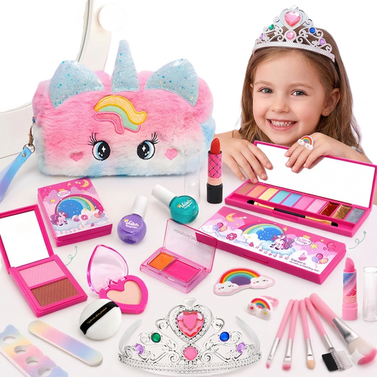 Set Trusa de Machiaj pentru Fetite Unicorn Princess Indiggo@, Kit cu 22 Piese, Geanta Model Unicorn, Farduri, Rujuri, Oje, Pensule, Accesorii Printesa, 5Ani+, Roz Purple