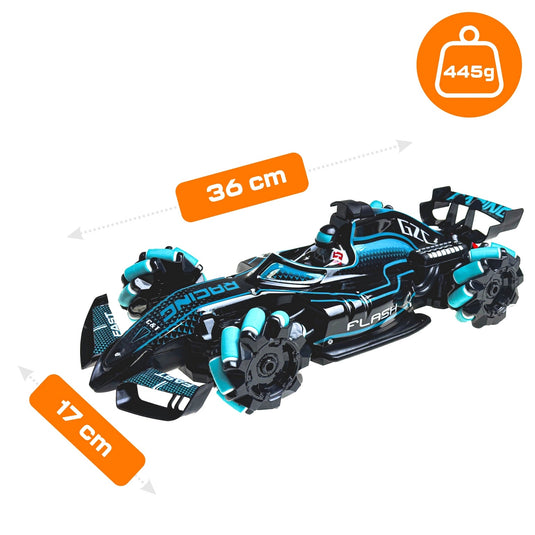 Masinuta TurboDrift 360 Indiggo® cu Control prin Gesturi si Telecomanda Dubla, Drift 360°, Efect Abur Realist, Lumini LED si Sunete, Roti Omnidirectionale, Tehnologie de Control 2.4 GHz, Baterie Reincarcabila, Cablu USB, Indiggo@, 6 Ani+, Black Turquoise