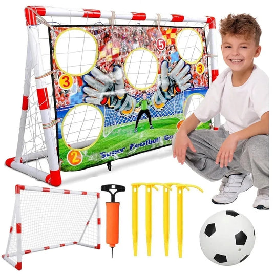 Poarta de Fotbal pentru Copii SmartGoal Pro, Set cu o Minge, Pompa si 4 Tarusi, Plasa Antrenament cu Tinta 5 Zone, Portabila, pentru Curte, Parc, Interior, Inaltime 87 cm, 3 Ani +, White/Red