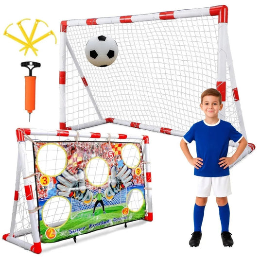 Poarta de Fotbal pentru Copii SmartGoal Pro, Set cu o Minge, Pompa si 4 Tarusi, Plasa Antrenament cu Tinta 5 Zone, Portabila, pentru Curte, Parc, Interior, Inaltime 87 cm, 3 Ani +, White/Red