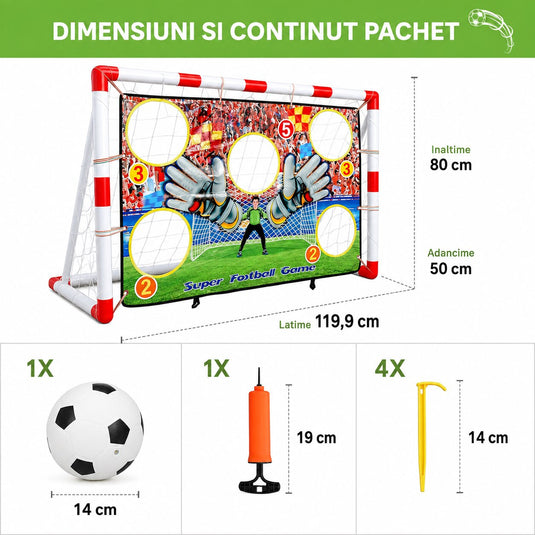 Poarta de Fotbal pentru Copii SmartGoal Pro, Set cu o Minge, Pompa si 4 Tarusi, Plasa Antrenament cu Tinta 5 Zone, Portabila, pentru Curte, Parc, Interior, Inaltime 87 cm, 3 Ani +, White/Red