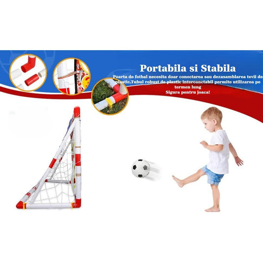 Poarta de Fotbal pentru Copii SmartGoal Pro, Set cu o Minge, Pompa si 4 Tarusi, Plasa Antrenament cu Tinta 5 Zone, Portabila, pentru Curte, Parc, Interior, Inaltime 87 cm, 3 Ani +, White/Red
