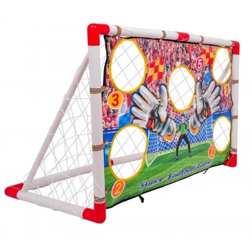 Poarta de Fotbal pentru Copii SmartGoal Pro, Set cu o Minge, Pompa si 4 Tarusi, Plasa Antrenament cu Tinta 5 Zone, Portabila, pentru Curte, Parc, Interior, Inaltime 87 cm, 3 Ani +, White/Red