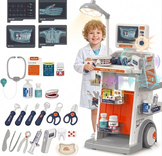 Carucior Medical pentru Copii MediCare Pro™ – Set Doctor Interactiv 30 Accesorii, ECG, Ecran X-Ray, Lumini si Sunete, Carucior cu Roti, Kit Medical Complet cu Stetoscop, Termometru, Instrumente, Jucarie Educativa, 3+ Ani, Orange