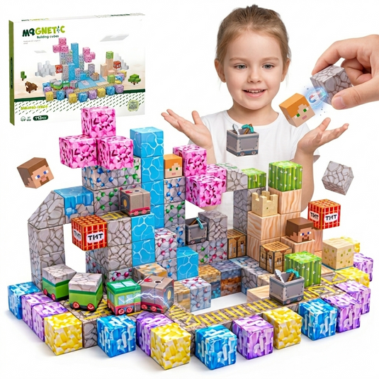 Set de Constructie SmartBlocks Indiggo@, Include 112 de Piese, Joc Educativ 3D pentru Copii, Constructii STEM, Blocuri Magnetice Rezistente, Cuburi Magnetice Colorate, Dezvoltare Creativitate si Gandire Logica, 3 Ani+, Pink