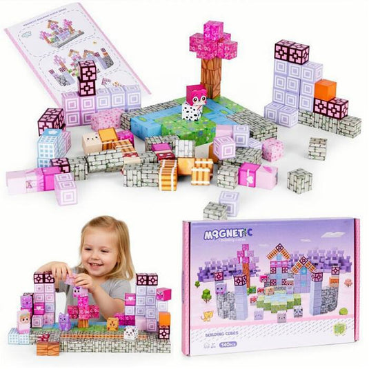 Set de Constructie SmartBlocks Indiggo@, Include 140 de Piese, Joc Educativ 3D pentru Copii, Constructii STEM, Blocuri Magnetice Rezistente, Cuburi Magnetice Colorate, Dezvoltare Creativitate si Gandire Logica, 3 Ani+, Purple