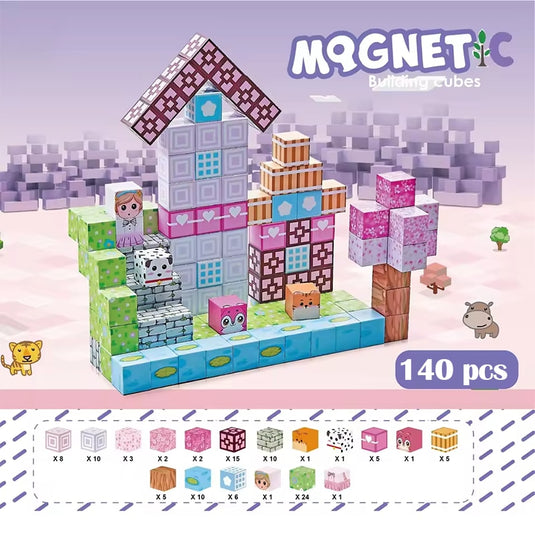 Set de Constructie SmartBlocks Indiggo@, Include 140 de Piese, Joc Educativ 3D pentru Copii, Constructii STEM, Blocuri Magnetice Rezistente, Cuburi Magnetice Colorate, Dezvoltare Creativitate si Gandire Logica, 3 Ani+, Purple
