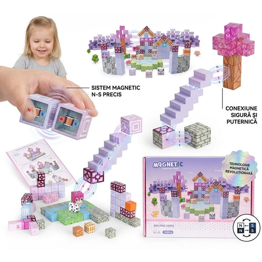 Set de Constructie SmartBlocks Indiggo@, Include 140 de Piese, Joc Educativ 3D pentru Copii, Constructii STEM, Blocuri Magnetice Rezistente, Cuburi Magnetice Colorate, Dezvoltare Creativitate si Gandire Logica, 3 Ani+, Purple