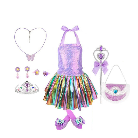 Set Costum Printesa pentru Fetite MagicParty Indiggo® – Rochie Curcubeu cu Paiete si Accesorii Complete precum Coroana, Bagheta Magica, Colier, Cercei, Geanta, Pantofi – Tinuta Carnaval / Petrecere / Joc de Rol Princess Role Play, 3 Ani+, Purple