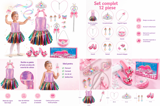Set Costum Printesa pentru Fetite MagicParty Indiggo® – Rochie Curcubeu cu Paiete si Accesorii Complete precum Coroana, Bagheta Magica, Colier, Cercei, Geanta, Pantofi – Tinuta Carnaval / Petrecere / Joc de Rol Princess Role Play, 3 Ani+, Pink