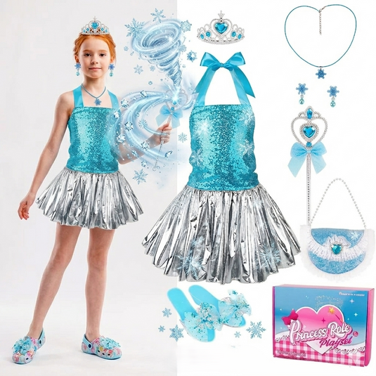 Set Costum Printesa pentru Fetite MagicParty Indiggo® – Rochie Curcubeu cu Paiete si Accesorii Complete precum Coroana, Bagheta Magica, Colier, Cercei, Geanta, Pantofi – Tinuta Carnaval / Petrecere / Joc de Rol Princess Role Play, 3 Ani+, Blue Ice