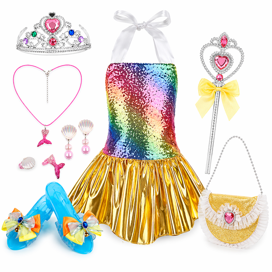 Set Costum Printesa pentru Fetite MagicParty Indiggo® – Rochie Curcubeu cu Paiete si Accesorii Complete precum Coroana, Bagheta Magica, Colier, Cercei, Geanta, Pantofi – Tinuta Carnaval / Petrecere / Joc de Rol Princess Role Play, 3 Ani+, Rainbow
