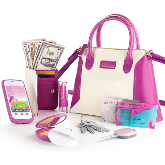 Geanta de Jucarie pentru Copii MiniDiva Glam Bag Indiggo® – Set Accesorii Frumusete cu Telefon, Portofel, Bani de Joaca, Carduri, Ruj si Chei, Joc de Rol Fashion, 3 Ani+, White/Purple
