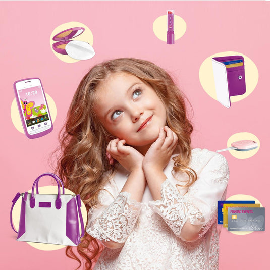Geanta de Jucarie pentru Copii MiniDiva Glam Bag Indiggo® – Set Accesorii Frumusete cu Telefon, Portofel, Bani de Joaca, Carduri, Ruj si Chei, Joc de Rol Fashion, 3 Ani+, White/Purple