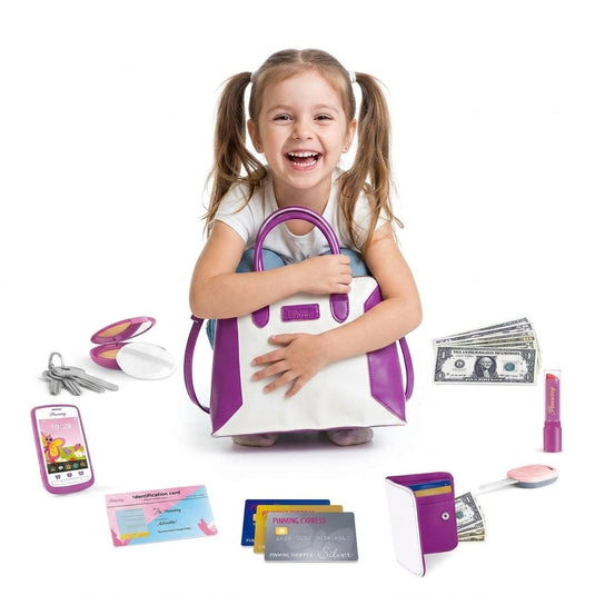Geanta de Jucarie pentru Copii MiniDiva Glam Bag Indiggo® – Set Accesorii Frumusete cu Telefon, Portofel, Bani de Joaca, Carduri, Ruj si Chei, Joc de Rol Fashion, 3 Ani+, White/Purple