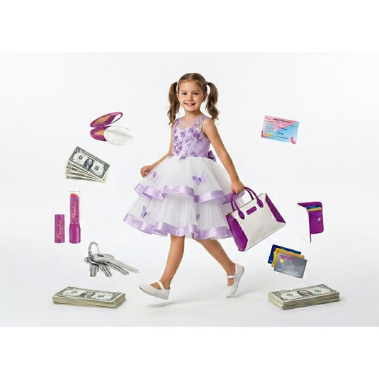 Geanta de Jucarie pentru Copii MiniDiva Glam Bag Indiggo® – Set Accesorii Frumusete cu Telefon, Portofel, Bani de Joaca, Carduri, Ruj si Chei, Joc de Rol Fashion, 3 Ani+, White/Purple
