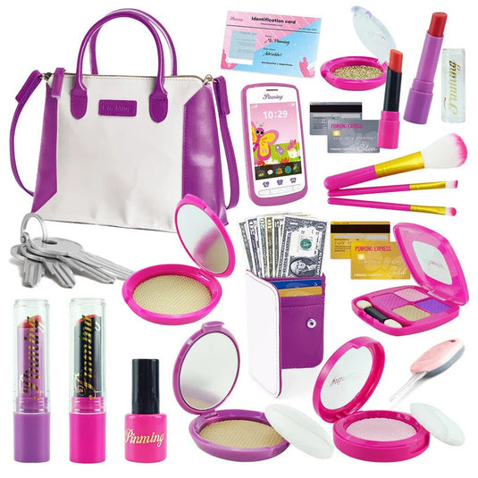 Geanta de Jucarie pentru Copii MiniDiva Glam Bag Indiggo® – Set Accesorii Frumusete cu Telefon, Portofel, Bani de Joaca, Carduri, Ruj si Chei, Joc de Rol Fashion, 3 Ani+, White/Purple
