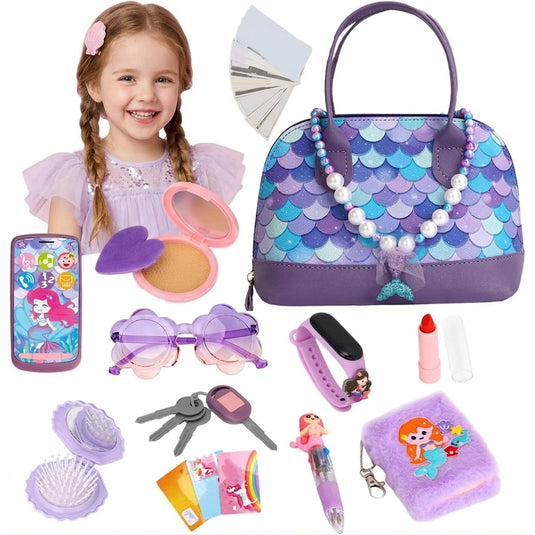 Geanta de Jucarie pentru Copii Mermaid Glam Bag Indiggo® – Set 15 Accesorii Frumusete cu Geanta, Bratara Fitness, Carnetel si Pix, Bani de Jucarie, Oglinda si Perie, Telefon, Ochelari, Ruj, Chei si Card, Joc de Rol Fashion, 3 Ani+, Purple Ocean