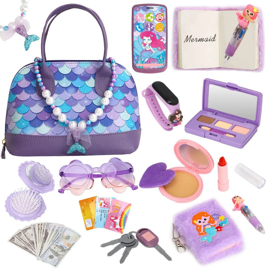 Geanta de Jucarie pentru Copii Mermaid Glam Bag Indiggo® – Set 15 Accesorii Frumusete cu Geanta, Bratara Fitness, Carnetel si Pix, Bani de Jucarie, Oglinda si Perie, Telefon, Ochelari, Ruj, Chei si Card, Joc de Rol Fashion, 3 Ani+, Purple Ocean