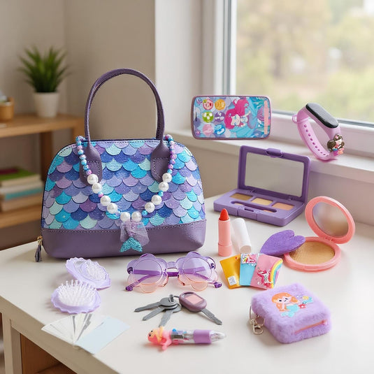 Geanta de Jucarie pentru Copii Mermaid Glam Bag Indiggo® – Set 15 Accesorii Frumusete cu Geanta, Bratara Fitness, Carnetel si Pix, Bani de Jucarie, Oglinda si Perie, Telefon, Ochelari, Ruj, Chei si Card, Joc de Rol Fashion, 3 Ani+, Purple Ocean