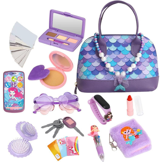 Geanta de Jucarie pentru Copii Mermaid Glam Bag Indiggo® – Set 15 Accesorii Frumusete cu Geanta, Bratara Fitness, Carnetel si Pix, Bani de Jucarie, Oglinda si Perie, Telefon, Ochelari, Ruj, Chei si Card, Joc de Rol Fashion, 3 Ani+, Purple Ocean