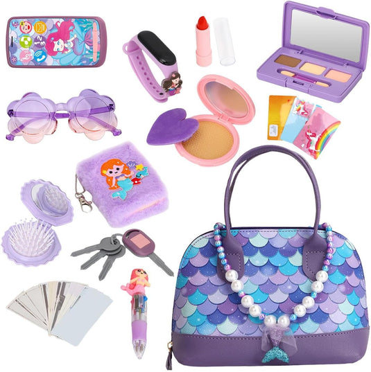 Geanta de Jucarie pentru Copii Mermaid Glam Bag Indiggo® – Set 15 Accesorii Frumusete cu Geanta, Bratara Fitness, Carnetel si Pix, Bani de Jucarie, Oglinda si Perie, Telefon, Ochelari, Ruj, Chei si Card, Joc de Rol Fashion, 3 Ani+, Purple Ocean