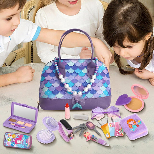 Geanta de Jucarie pentru Copii Mermaid Glam Bag Indiggo® – Set 15 Accesorii Frumusete cu Geanta, Bratara Fitness, Carnetel si Pix, Bani de Jucarie, Oglinda si Perie, Telefon, Ochelari, Ruj, Chei si Card, Joc de Rol Fashion, 3 Ani+, Purple Ocean
