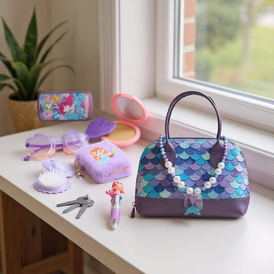 Geanta de Jucarie pentru Copii Mermaid Glam Bag Indiggo® – Set 15 Accesorii Frumusete cu Geanta, Bratara Fitness, Carnetel si Pix, Bani de Jucarie, Oglinda si Perie, Telefon, Ochelari, Ruj, Chei si Card, Joc de Rol Fashion, 3 Ani+, Purple Ocean