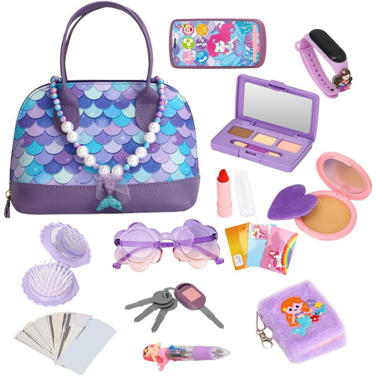 Geanta de Jucarie pentru Copii Mermaid Glam Bag Indiggo® – Set 15 Accesorii Frumusete cu Geanta, Bratara Fitness, Carnetel si Pix, Bani de Jucarie, Oglinda si Perie, Telefon, Ochelari, Ruj, Chei si Card, Joc de Rol Fashion, 3 Ani+, Purple Ocean