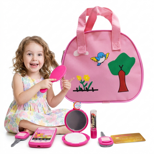 Geanta de Jucarie pentru Copii ShinyLove Glam Bag Indiggo® – Set 8 Accesorii Frumusete cu Perie de Par, Portfard cu Oglinda, Telefon, Ruj, Chei si Card, 3 Ani+, Rose