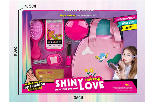 Geanta de Jucarie pentru Copii ShinyLove Glam Bag Indiggo® – Set 8 Accesorii Frumusete cu Perie de Par, Portfard cu Oglinda, Telefon, Ruj, Chei si Card, 3 Ani+, Rose