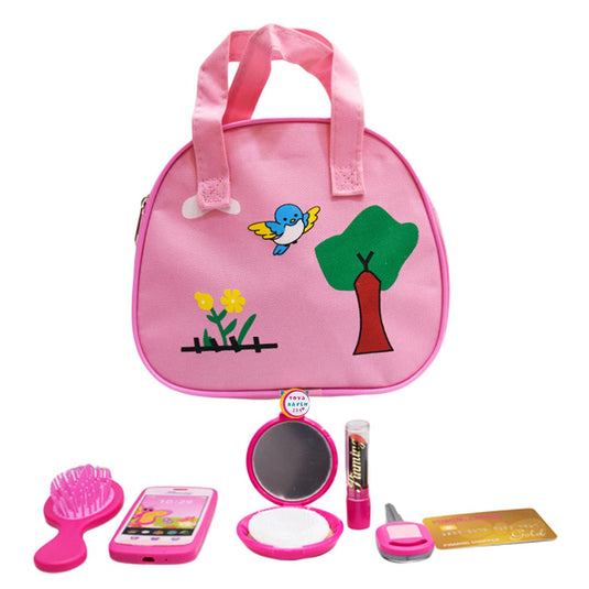 Geanta de Jucarie pentru Copii ShinyLove Glam Bag Indiggo® – Set 8 Accesorii Frumusete cu Perie de Par, Portfard cu Oglinda, Telefon, Ruj, Chei si Card, 3 Ani+, Rose