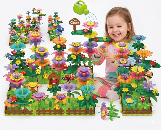 Set Creativ de Constructie 3D - Flower Garden Indiggo@, Gradina cu Flori Modulare, Include 332 Piese, Valiza pe Roti si Maner, Jucarie Educativa pentru Copii, Green Purple