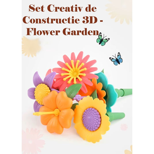 Set Creativ de Constructie 3D - Flower Garden Indiggo@, Gradina cu Flori Modulare, Include 332 Piese, Valiza pe Roti si Maner, Jucarie Educativa pentru Copii, Green Purple