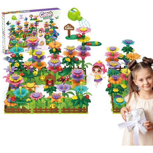 Set Creativ de Constructie 3D - Flower Garden Indiggo@, Gradina cu Flori Modulare, Include 332 Piese, Valiza pe Roti si Maner, Jucarie Educativa pentru Copii, Green Purple