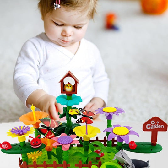 Set Creativ de Constructie 3D - Flower Garden Indiggo@, Gradina cu Flori Modulare, Include 332 Piese, Valiza pe Roti si Maner, Jucarie Educativa pentru Copii, Green Purple