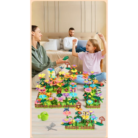 Set Creativ de Constructie 3D - Flower Garden Indiggo@, Gradina cu Flori Modulare, Include 332 Piese, Valiza pe Roti si Maner, Jucarie Educativa pentru Copii, Green Purple