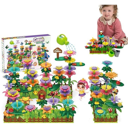 Set Creativ de Constructie 3D - Flower Garden Indiggo@, Gradina cu Flori Modulare, Include 332 Piese, Valiza pe Roti si Maner, Jucarie Educativa pentru Copii, Green Purple