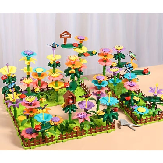 Set Creativ de Constructie 3D - Flower Garden Indiggo@, Gradina cu Flori Modulare, Include 332 Piese, Valiza pe Roti si Maner, Jucarie Educativa pentru Copii, Green Purple