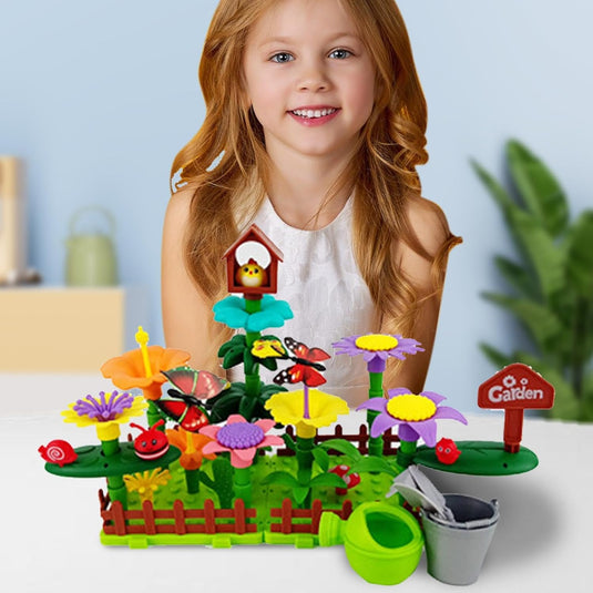 Set Creativ de Constructie 3D - Flower Garden Indiggo@, Gradina cu Flori Modulare, Include 332 Piese, Valiza pe Roti si Maner, Jucarie Educativa pentru Copii, Green Purple