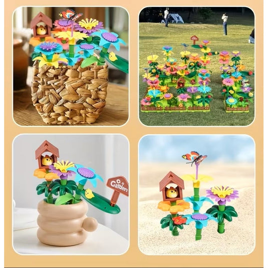 Set Creativ de Constructie 3D - Flower Garden Indiggo@, Gradina cu Flori Modulare, Include 332 Piese, Valiza pe Roti si Maner, Jucarie Educativa pentru Copii, Green Purple