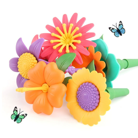 Set Creativ de Constructie 3D - Flower Garden Indiggo@, Gradina cu Flori Modulare, Include 332 Piese, Valiza pe Roti si Maner, Jucarie Educativa pentru Copii, Green Purple