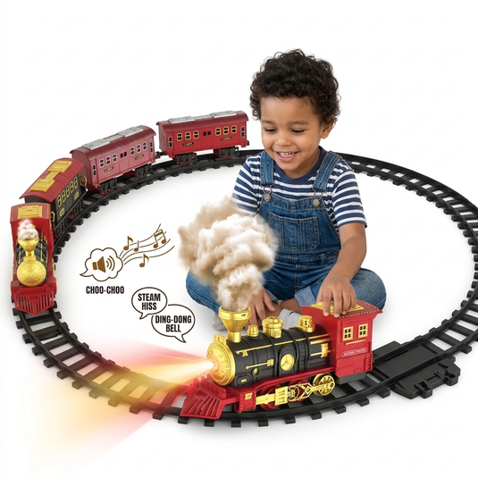 Trenulet Electric cu Abur ElectricSteam Train Indiggo® – Set Locomotiva Retro cu Fum Realist, Lumini Frontale si Sunete, Vagoane Detasabile, Sine Circulara, Efect Abur pe Baza de Apa, Tren Clasic de Colectie pentru Copii, Joc Interactiv 3 Ani+, Red Gold