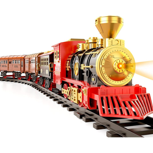 Trenulet Electric cu Abur ElectricSteam Train Indiggo® – Set Locomotiva Retro cu Fum Realist, Lumini Frontale si Sunete, Vagoane Detasabile, Sine Circulara, Efect Abur pe Baza de Apa, Tren Clasic de Colectie pentru Copii, Joc Interactiv 3 Ani+, Red Gold