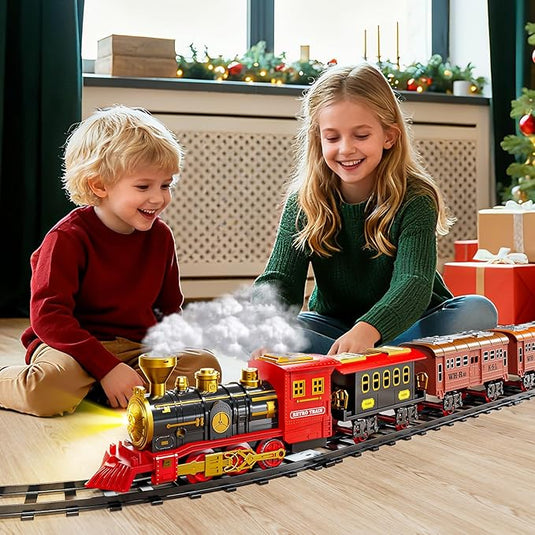 Trenulet Electric cu Abur ElectricSteam Train Indiggo® – Set Locomotiva Retro cu Fum Realist, Lumini Frontale si Sunete, Vagoane Detasabile, Sine Circulara, Efect Abur pe Baza de Apa, Tren Clasic de Colectie pentru Copii, Joc Interactiv 3 Ani+, Red Gold