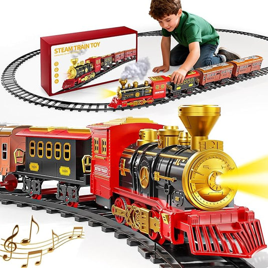 Trenulet Electric cu Abur ElectricSteam Train Indiggo® – Set Locomotiva Retro cu Fum Realist, Lumini Frontale si Sunete, Vagoane Detasabile, Sine Circulara, Efect Abur pe Baza de Apa, Tren Clasic de Colectie pentru Copii, Joc Interactiv 3 Ani+, Red Gold