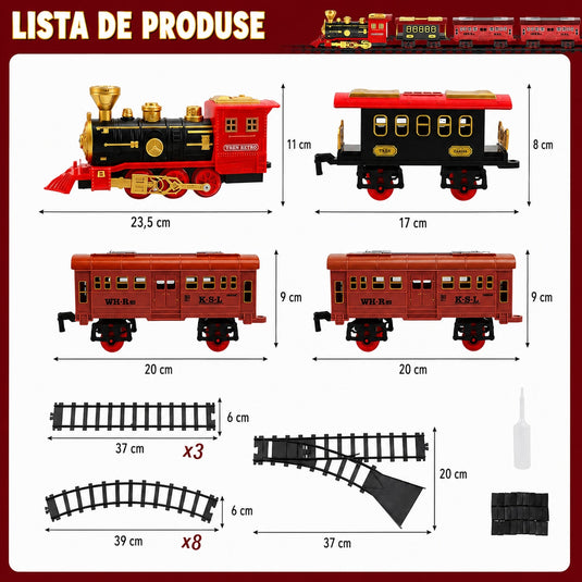Trenulet Electric cu Abur ElectricSteam Train Indiggo® – Set Locomotiva Retro cu Fum Realist, Lumini Frontale si Sunete, Vagoane Detasabile, Sine Circulara, Efect Abur pe Baza de Apa, Tren Clasic de Colectie pentru Copii, Joc Interactiv 3 Ani+, Red Gold