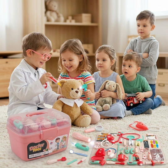 Set Doctor pentru Copii Indiggo® Include 40 de Accesorii, Trusa Medicala Educativa Interactiva cu Lumini si Sunete, Joc de Rol Medic Dentist, Stetoscop, Otoscop, Oglinda Dentara si Lanterna cu Efecte Luminoase, Instrumente Medicale, 3 Ani +, Somon Rose