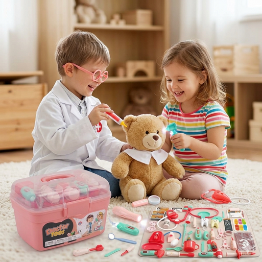 Set Doctor pentru Copii Indiggo® Include 40 de Accesorii, Trusa Medicala Educativa Interactiva cu Lumini si Sunete, Joc de Rol Medic Dentist, Stetoscop, Otoscop, Oglinda Dentara si Lanterna cu Efecte Luminoase, Instrumente Medicale, 3 Ani +, Somon Rose